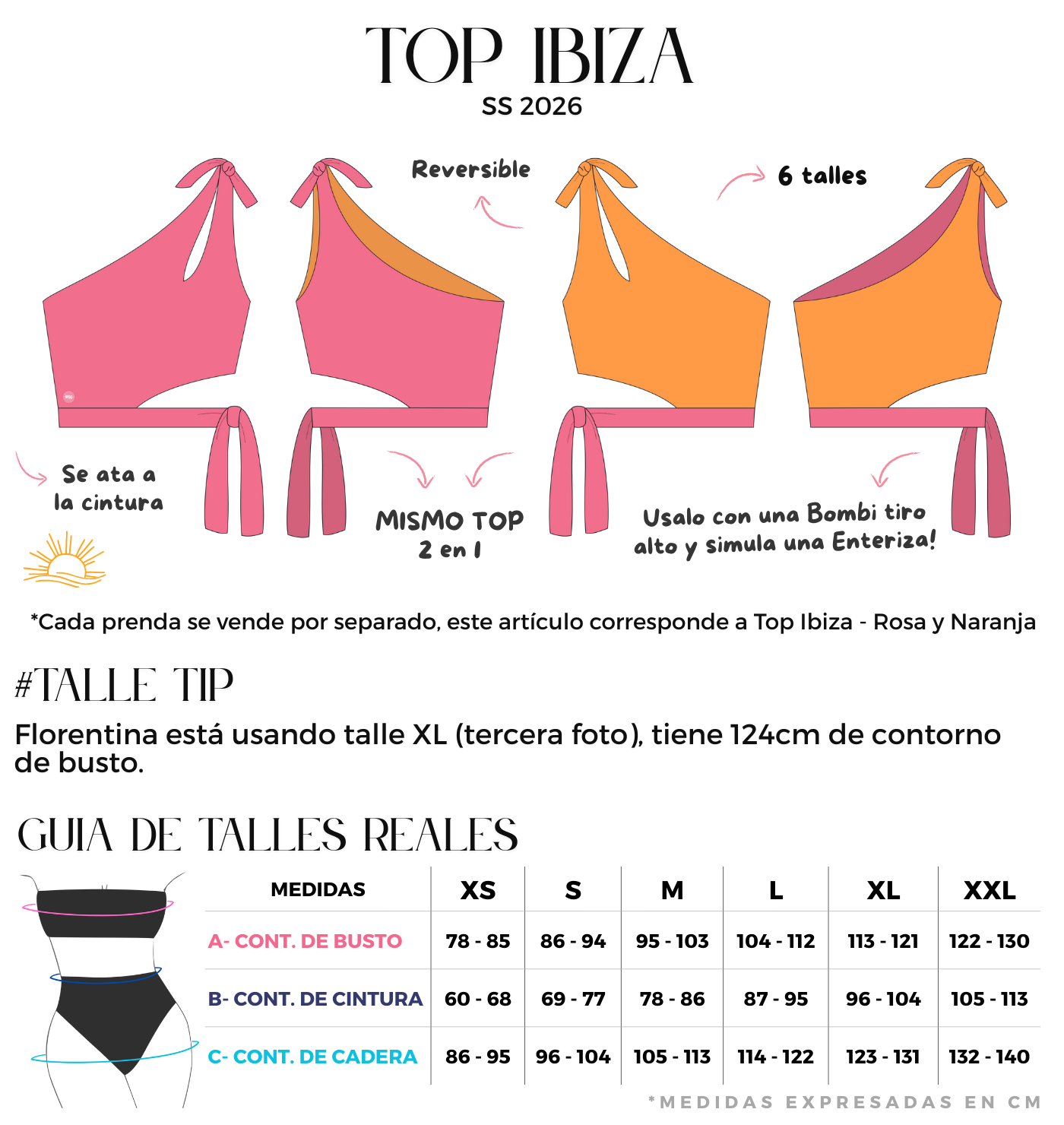 Top de bikini de un hombro, reversible en rosa y naranja